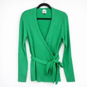 CAbi New Vibrant Green V-Neck Wrap Sweater Ribbed Cocktail Cardigan Long Sleeve